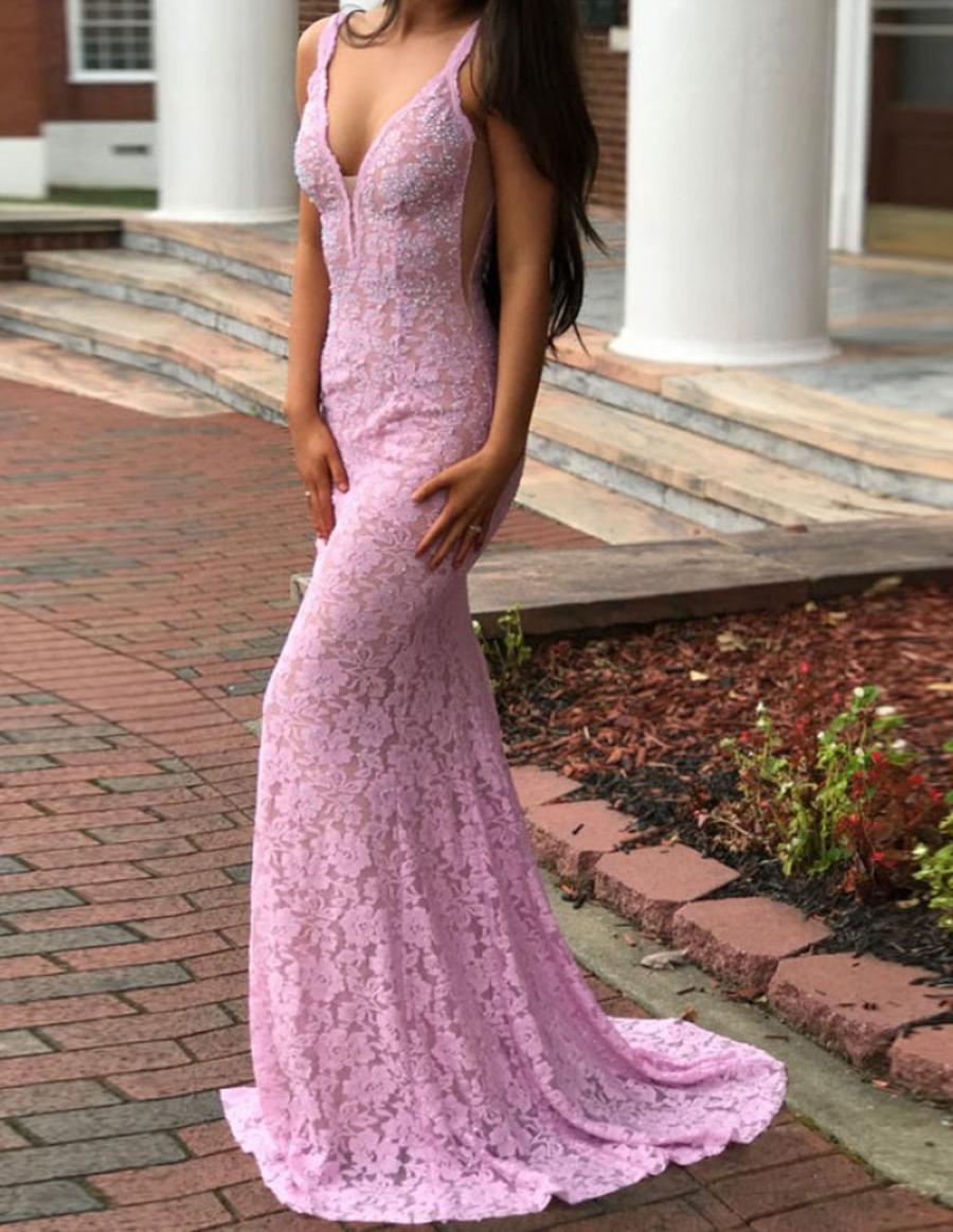 Unthony - Mermaid Deep V Neck Backless Beading Lace Pink Prom Dresses with Sweep Train