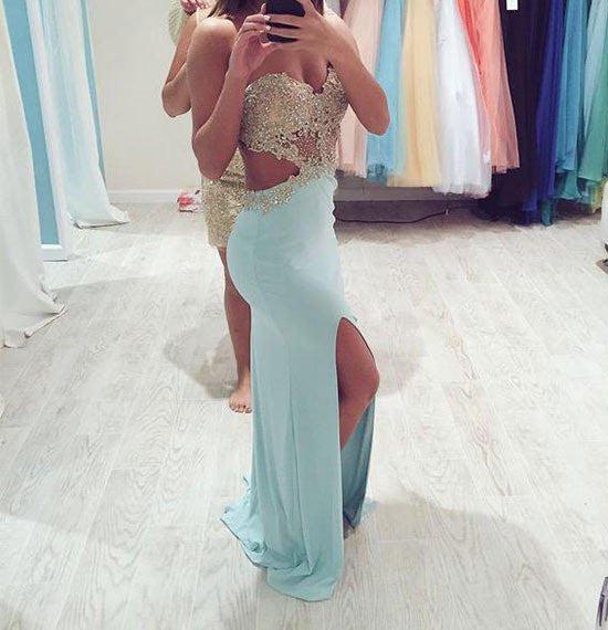 Unthony - A Line Mermaid Backless Lace Baby Blue Prom Dresses