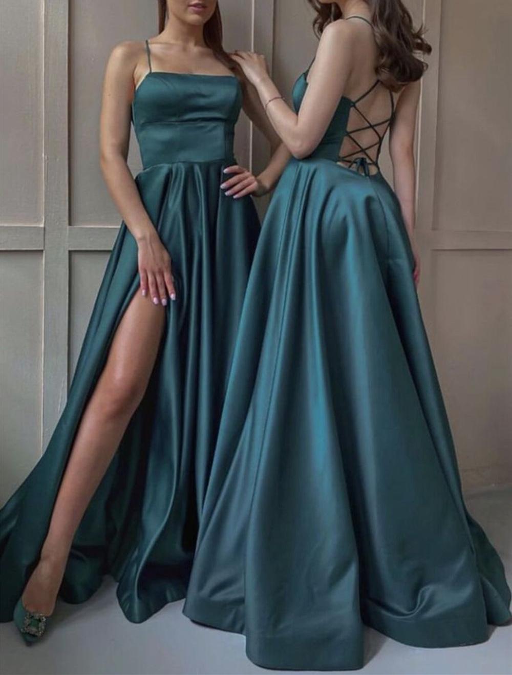 Unthony - Open Back Green Satin Long Prom Dress with Slit