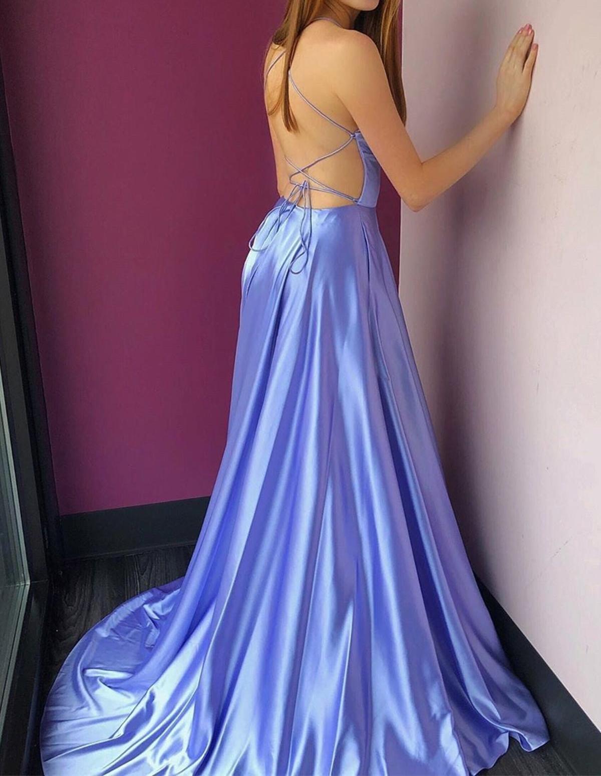 Unthony - Simple High Slit V Neck Backless Lavender Long Prom Dress with Pockets