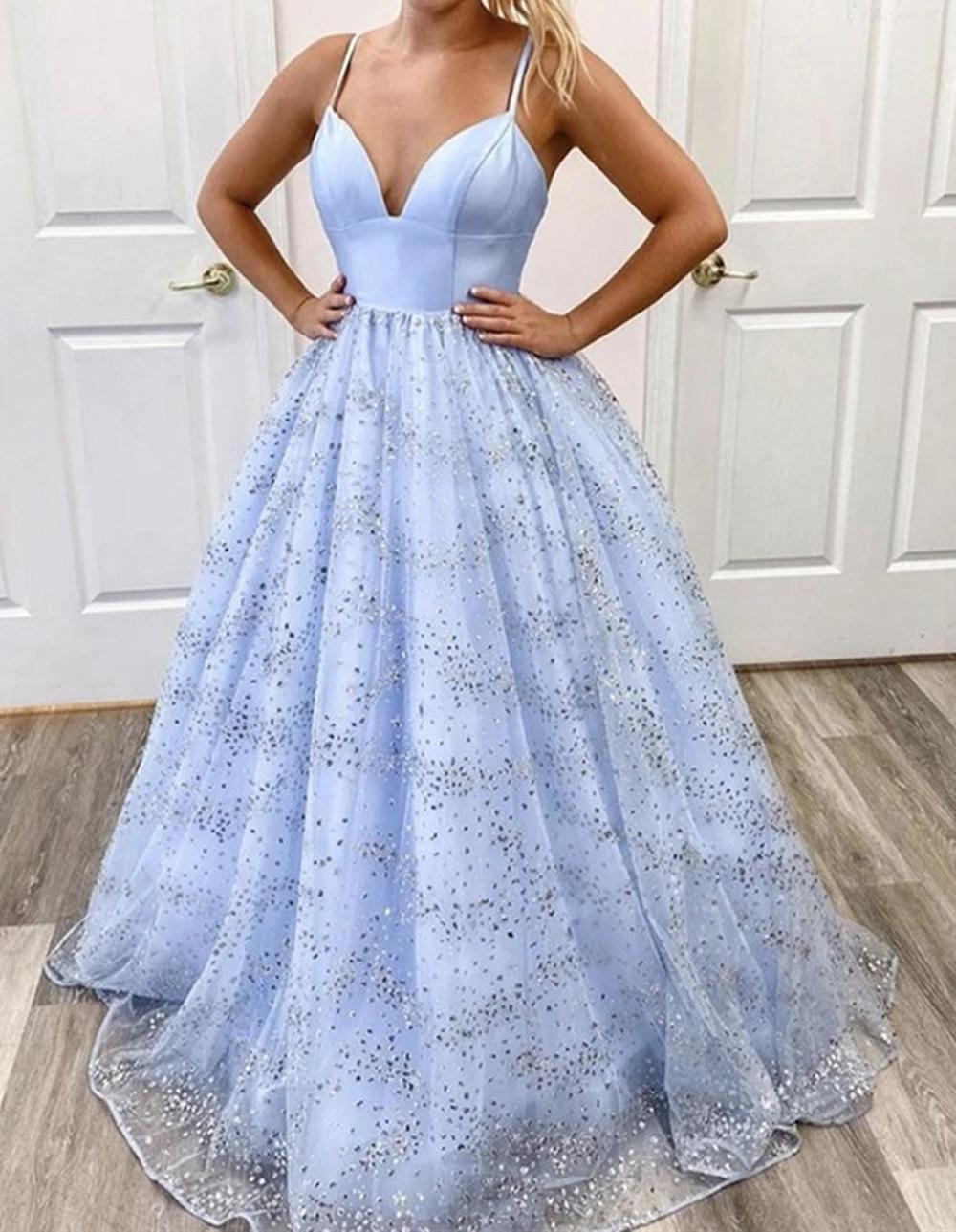 Unthony - Shiny Sequins V Neck Light Blue Long Prom Dress
