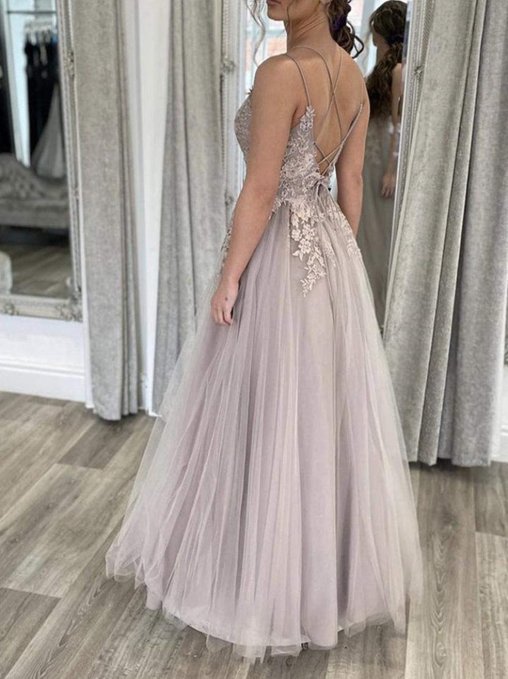Unthony - Elegant Backless Gray Lace Long Prom Dress with Thin Straps