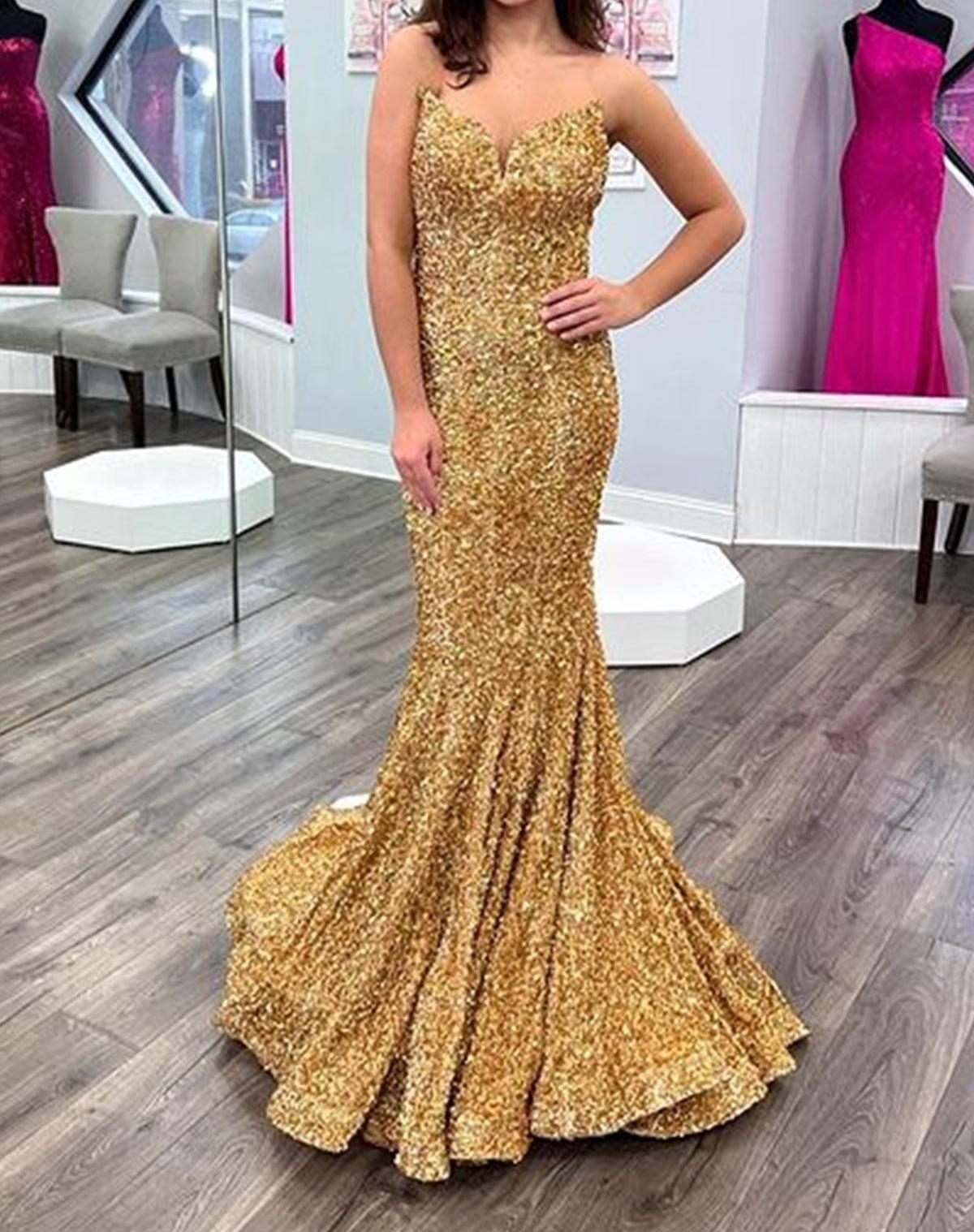 Unthony - Strapless Mermaid Golden Sequins Long Prom Dress