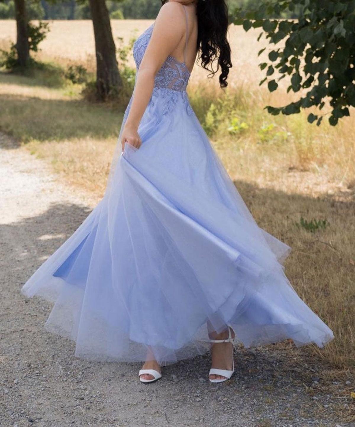 Unthony - A Line V Neck Backless Blue Lace Long Prom Dress