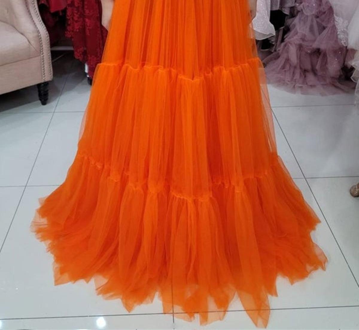 Unthony - Sweetheart Neck Strapless Orange Tulle Long Prom Dress