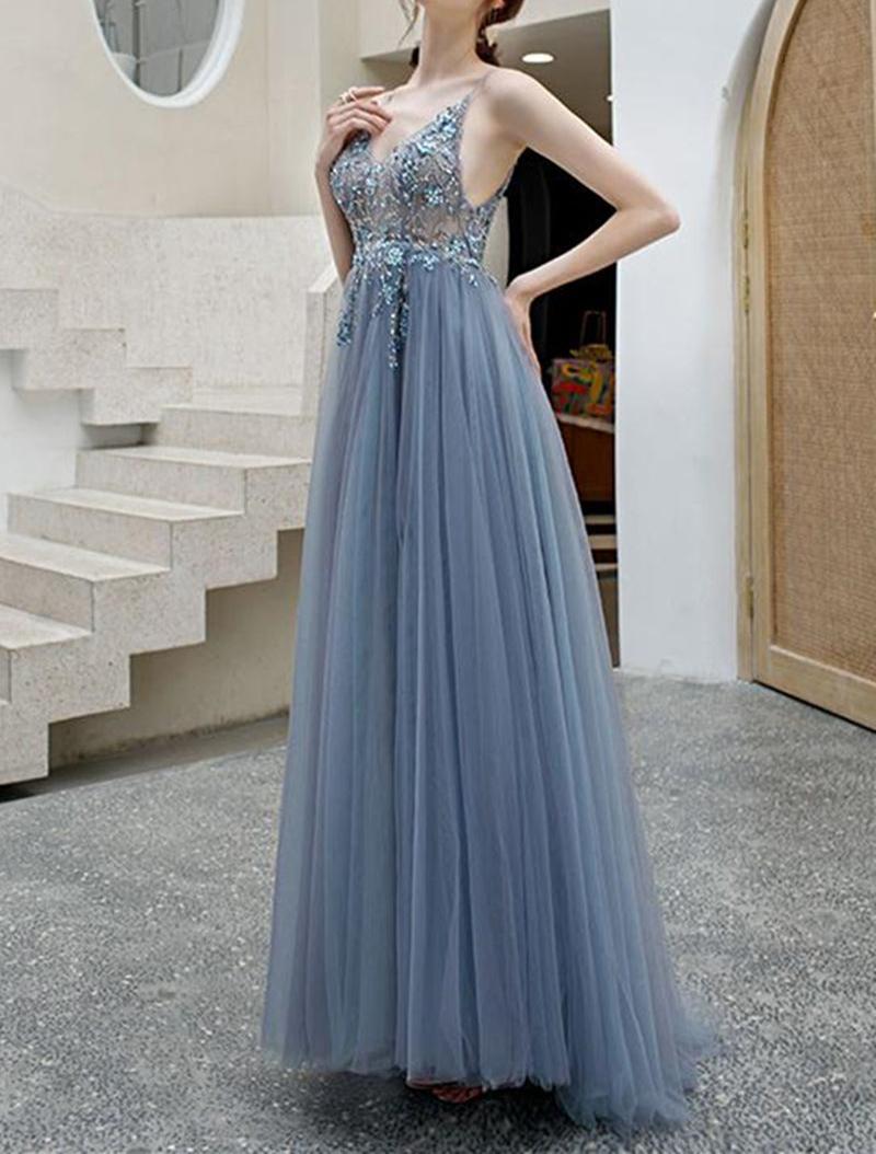 Unthony - Elegant V Neck Backless Grey Long Beaded Prom Dress with Slit