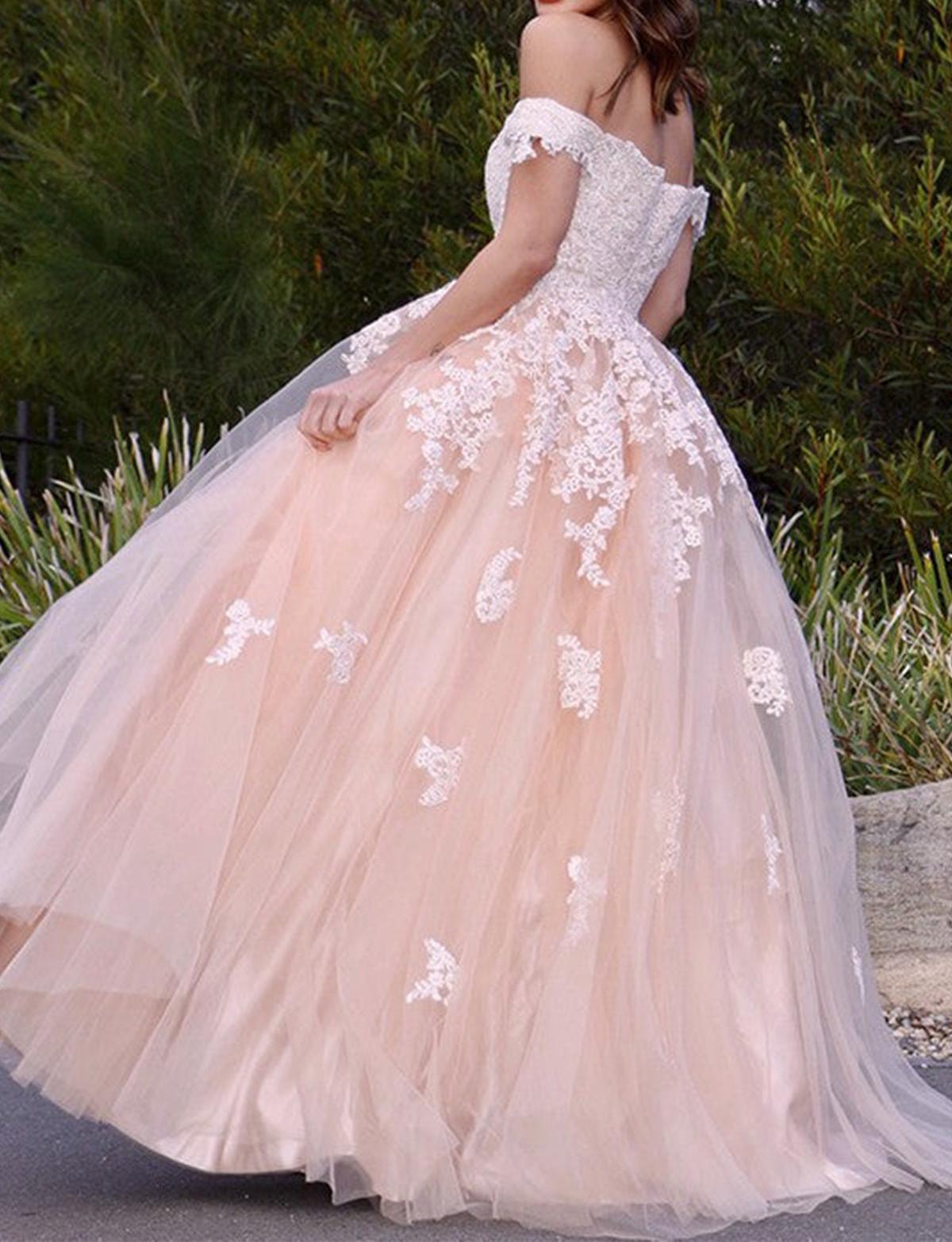 Unthony - Off Shoulder Pink Tulle Lace Long Prom Dress