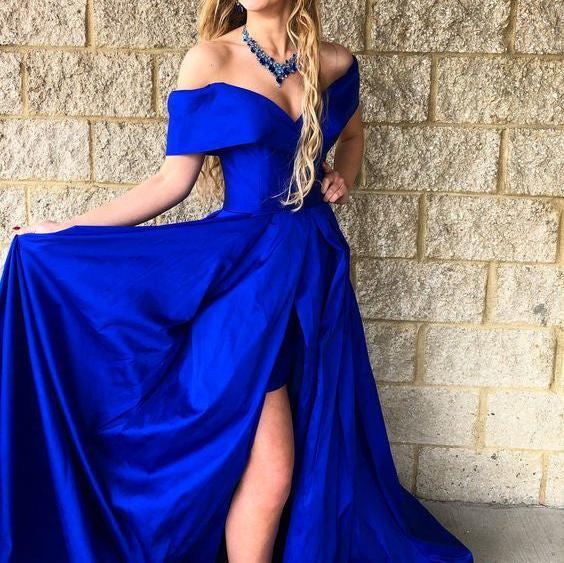 Unthony - Off Shoulder Royal Blue Long Prom Dress with High Slit