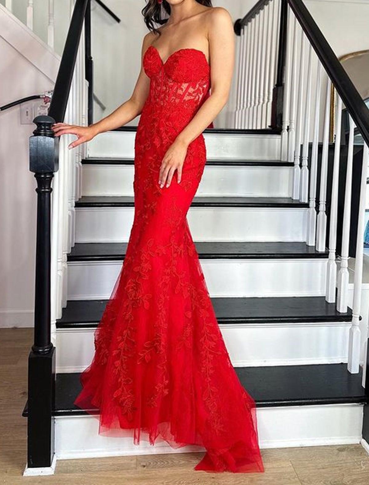 Unthony - Strapless Mermaid Red Lace Long Prom Dress