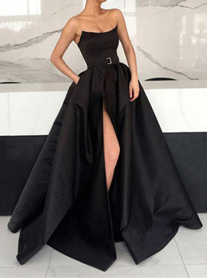 Unthony - Unique Black Satin Long Prom Dresses with High Slit