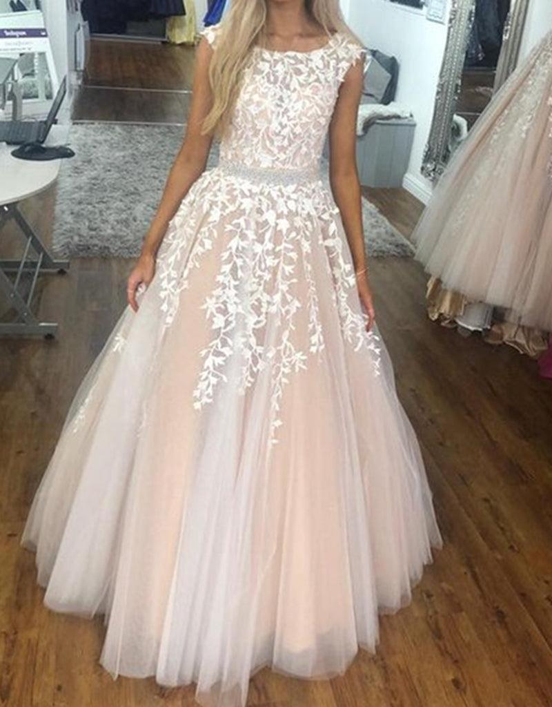 Unthony - Round Neck Cap Sleeves White Lace Champagne Long Prom Dress
