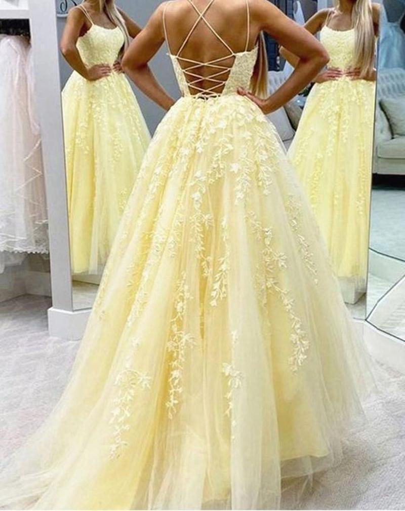 Unthony - A Line Floor Length Lace Yellow Tulle Long Prom Dress