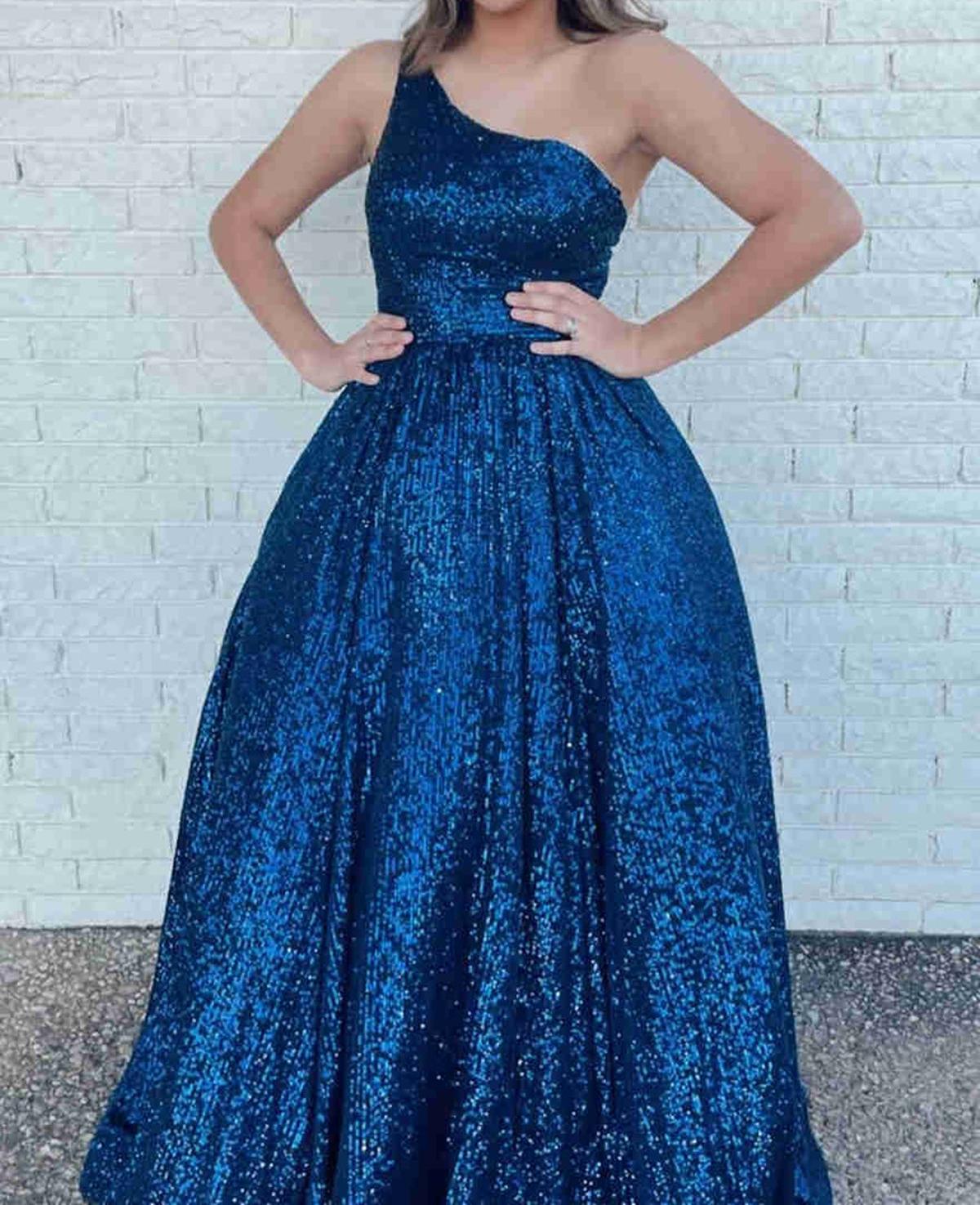 Unthony - One Shoulder Shiny Sequins Hot Pink/Dark Blue Long Prom Dress