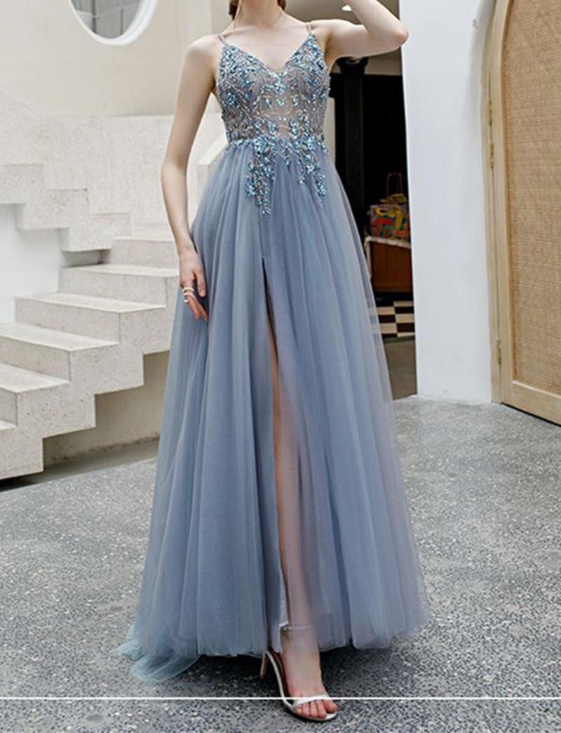 Unthony - Elegant V Neck Backless Grey Long Beaded Prom Dress with Slit