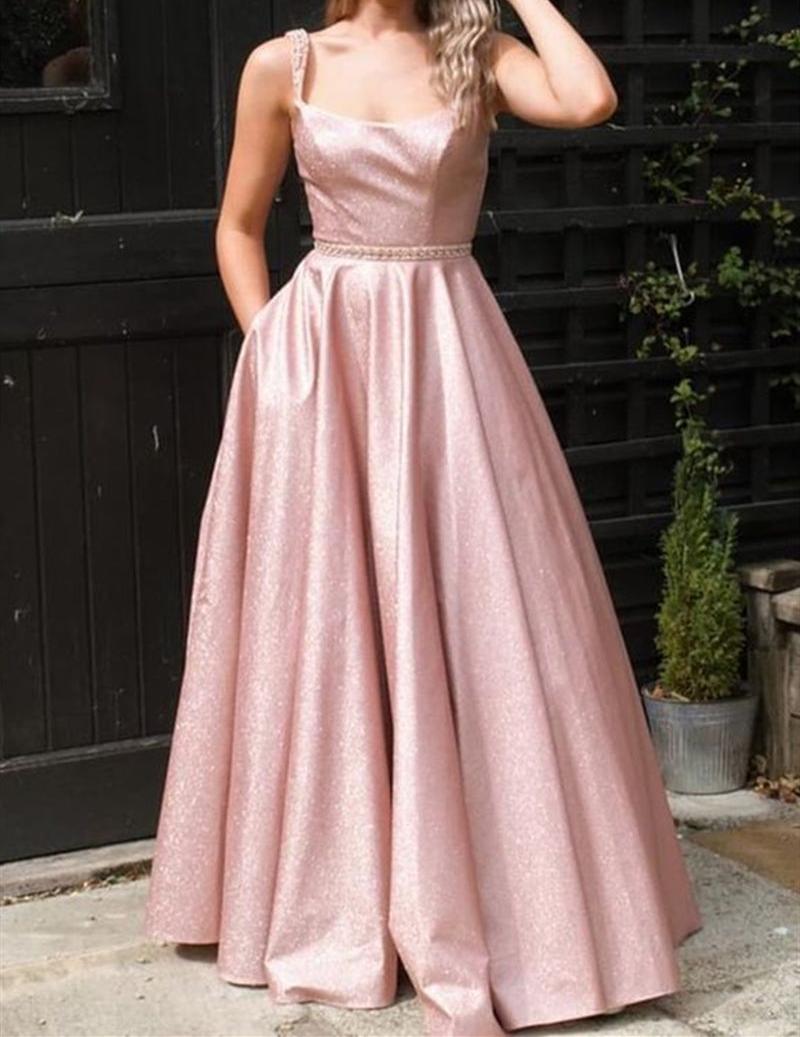 Unthony - Shiny Open Back Floor Length Long Pink Prom Dress