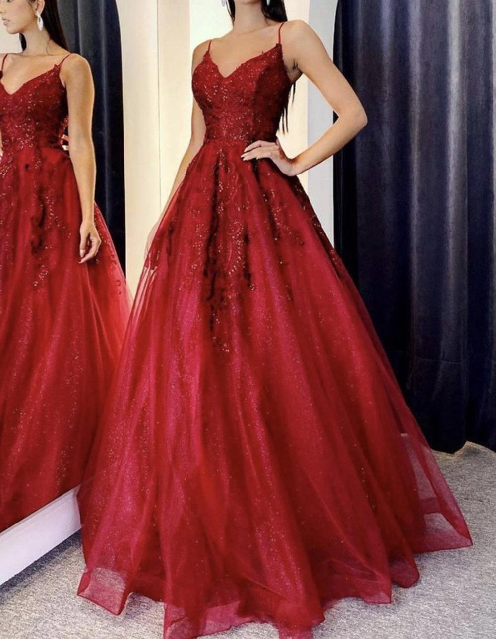 Unthony - A Line V Neck Backless Burgundy Lace Long Prom Dress