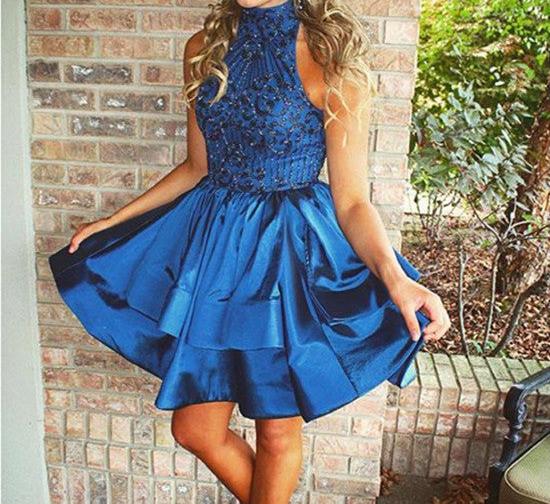 Unthony - Cute High-Neck Sequin Beaded Short Blue Prom Dresses