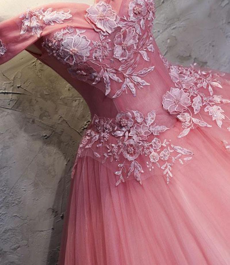 Unthony - Gorgeous Off the Shoulder Pink Lace Appliques Long Prom Dress