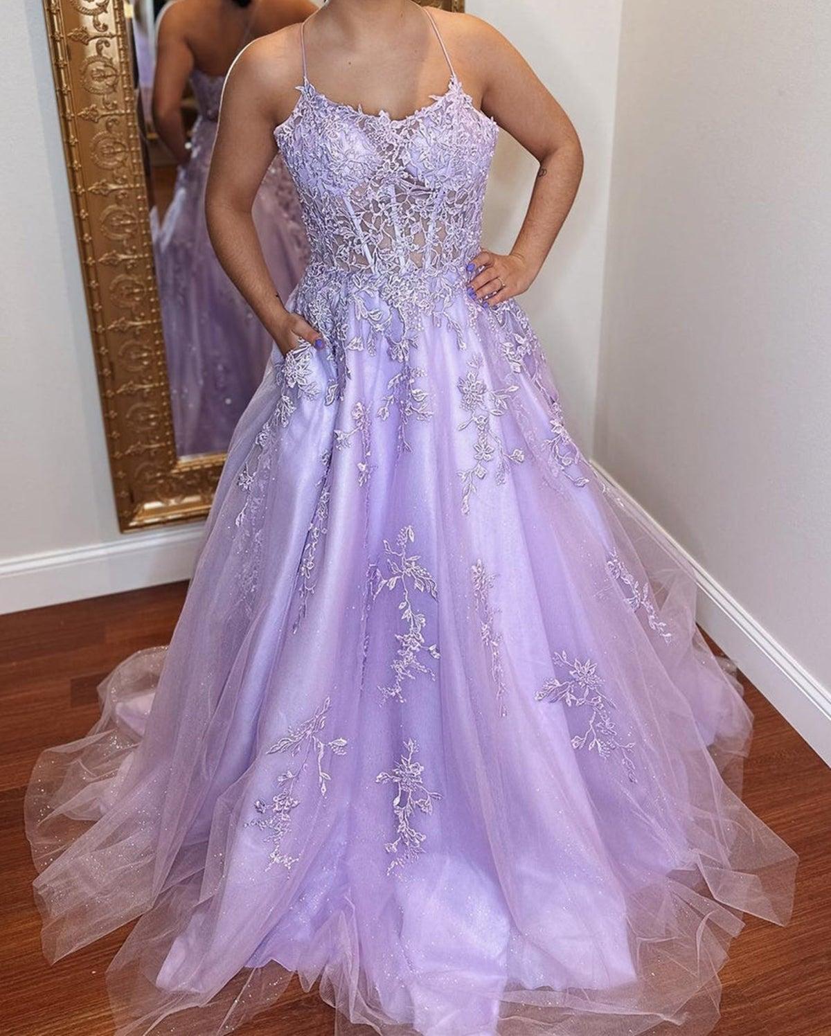 Unthony - Open Back Purple Lace Tulle Long Prom Dress