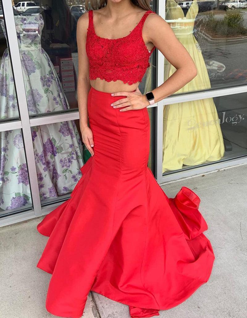 Unthony - Mermaid Two Pieces Lace Red Long Prom Dresses