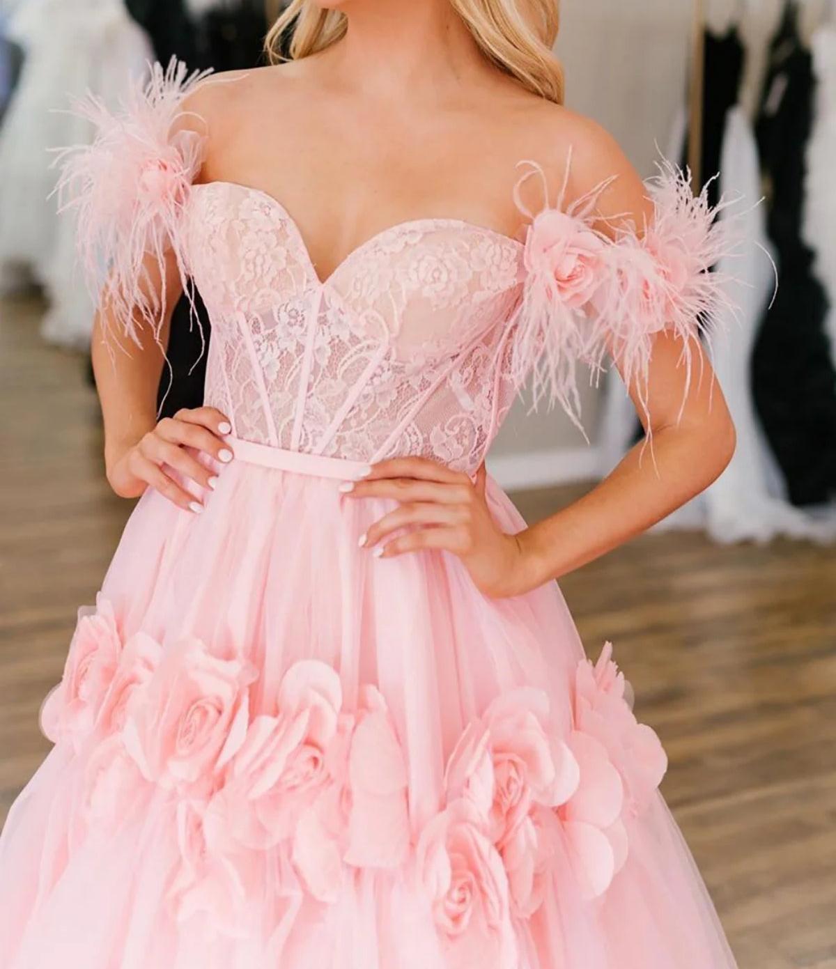 Unthony - Off Shoulder Pink Lace Long Prom Dress with Flowers