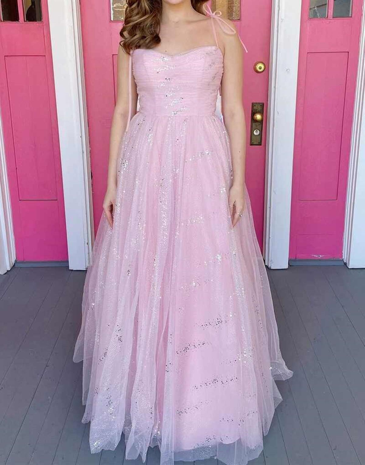 Unthony - Sweetheart Neck Pink Tulle Long Prom Dress