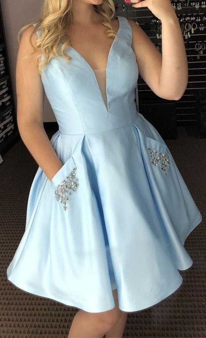 Unthony - V Neck Light Blue Short Prom Dress with Pocket