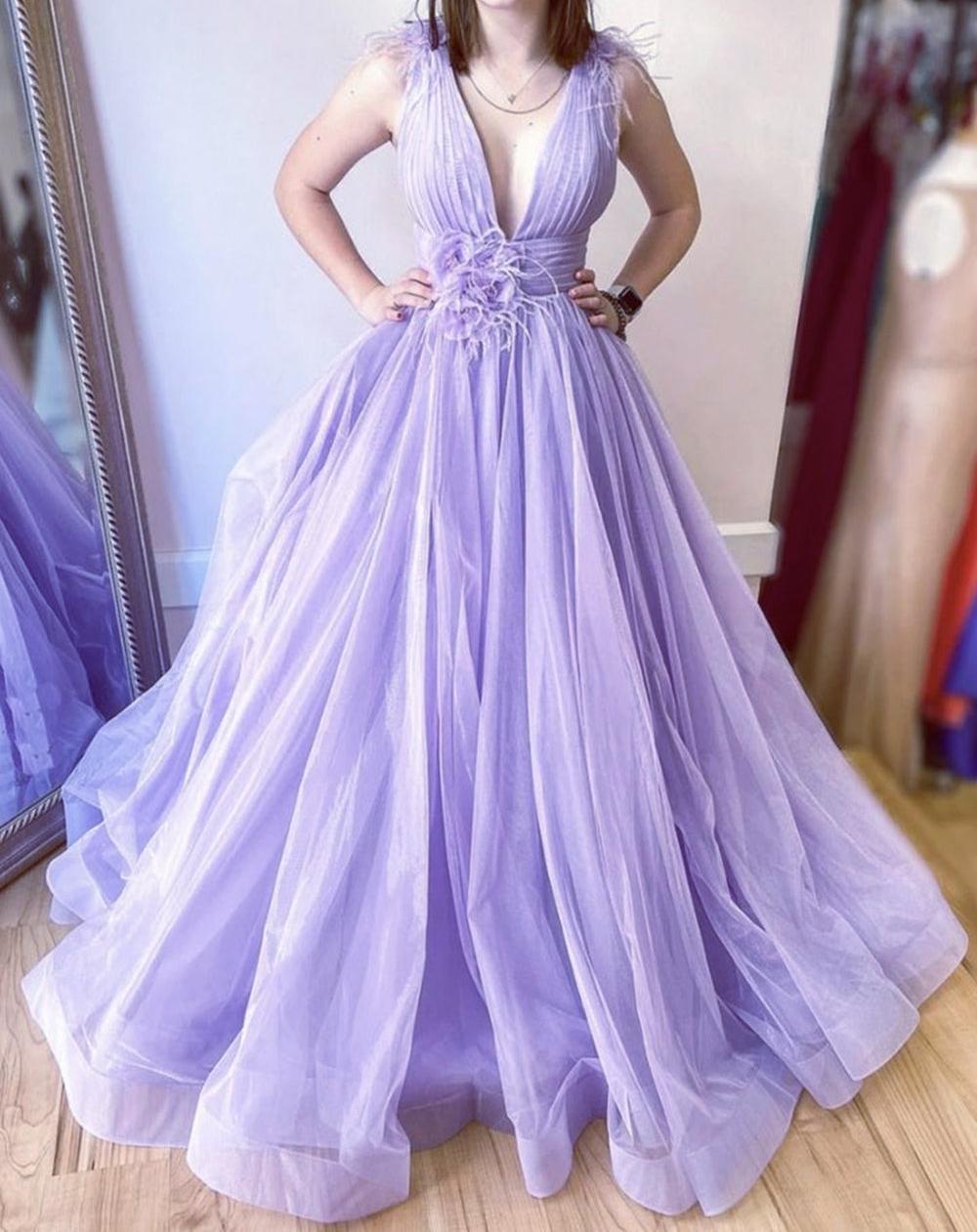 Unthony - Deep V Neck Purple Tulle Long Prom Dress