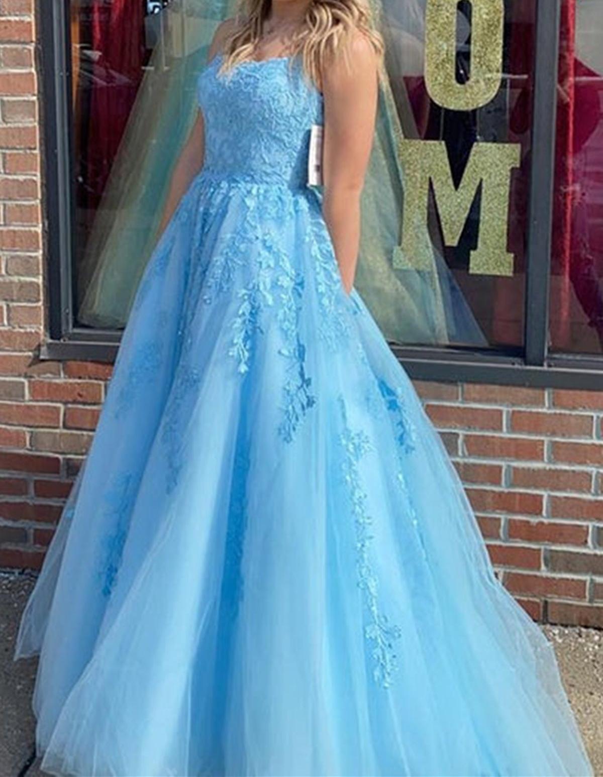 Unthony - Open Back Blue Lace Tulle Long Prom Dress