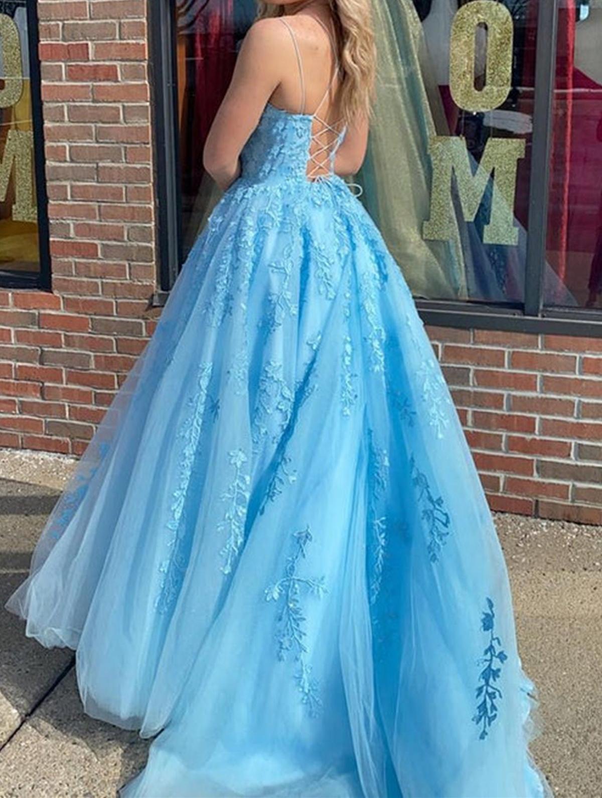 Unthony - Open Back Blue Lace Tulle Long Prom Dress
