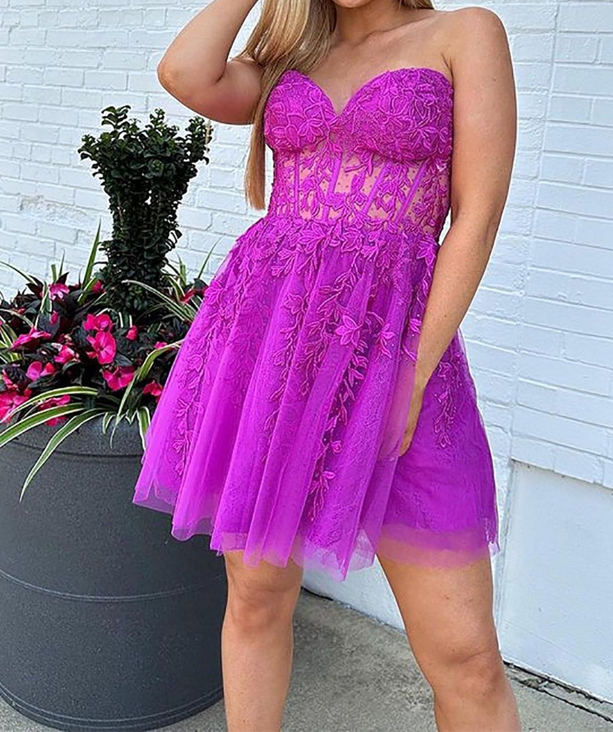 Unthony - Strapless Fuchsia Lace Prom Dress