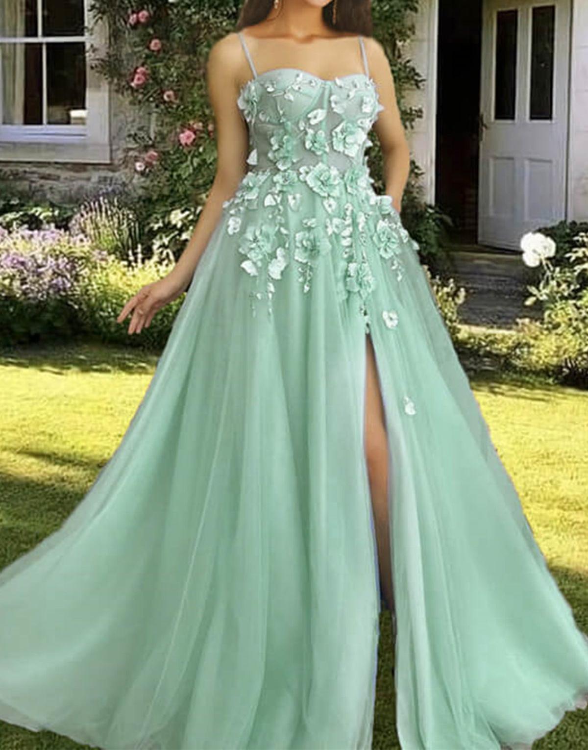 Unthony - Elegant Green Floral Lace Long Prom Dress with High Slit