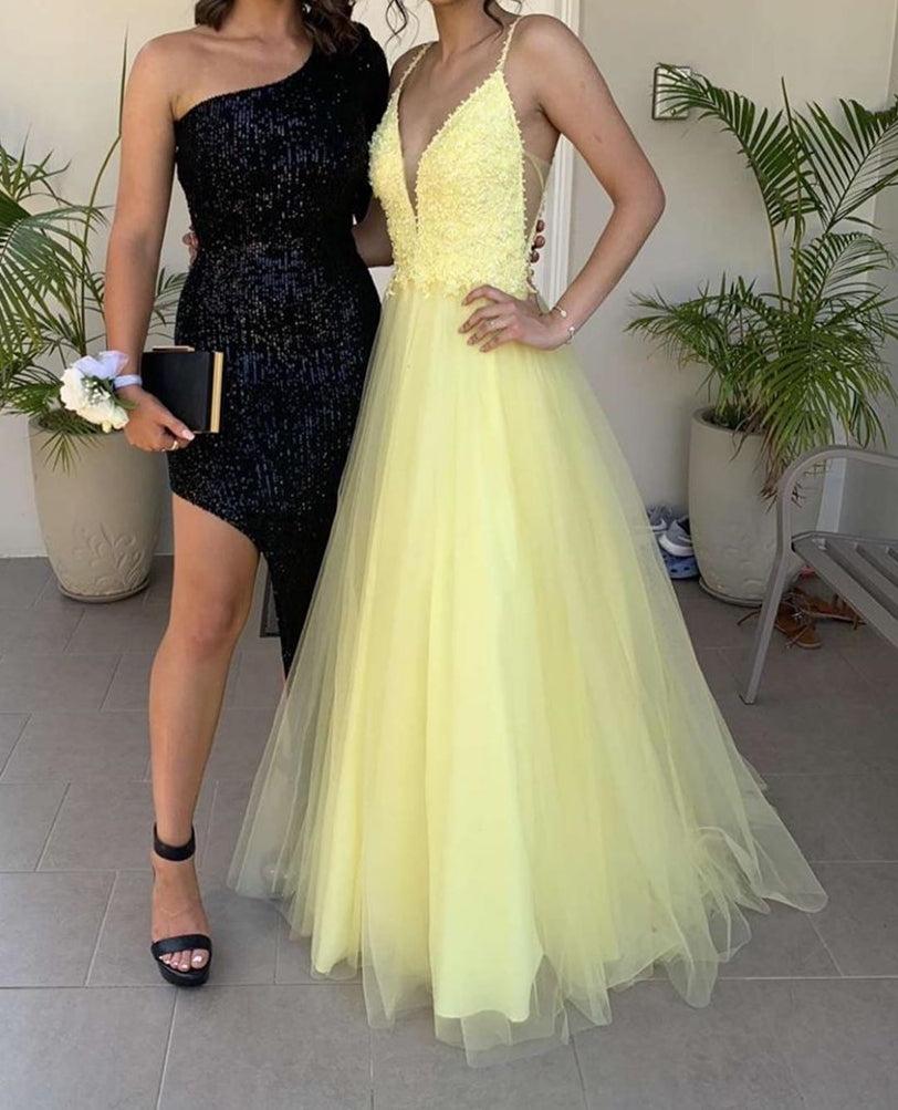 Unthony - A Line V Neck Yellow Lace Long Prom Dresses