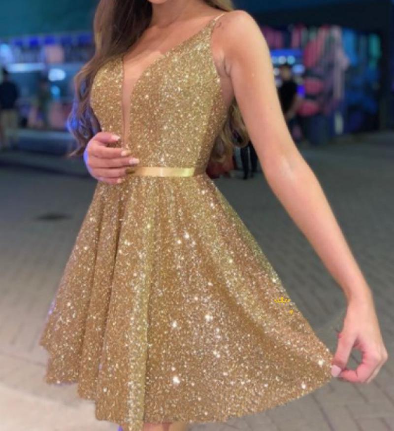 Unthony - Shiny Sequins V Neck Golden Short Prom Homecoming Dress with Belt
