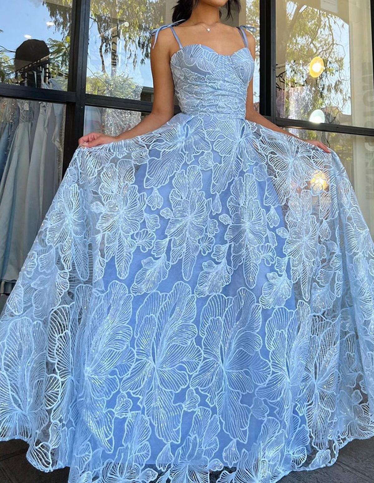 Unthony - A Line Blue Lace Long Prom Dresses