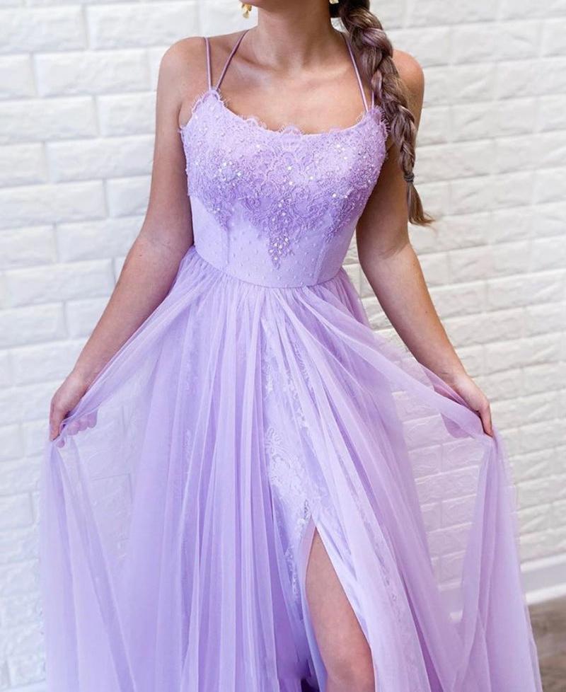 Unthony - Elegant A Line Spaghetti Straps Purple Lace Long Prom Dress with High Slit
