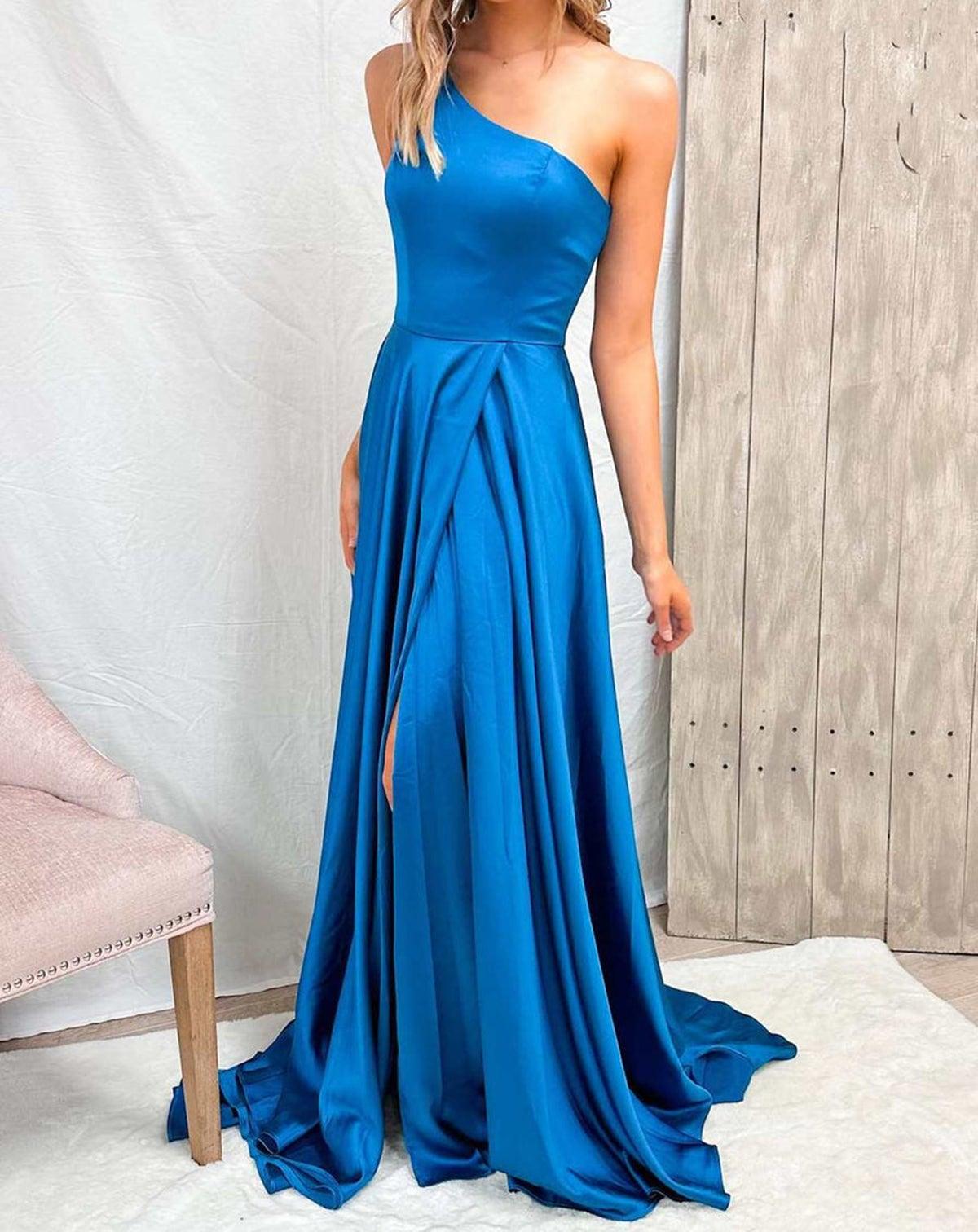 Unthony - One Shoulder Blue Satin Long Prom Dress with High Slit