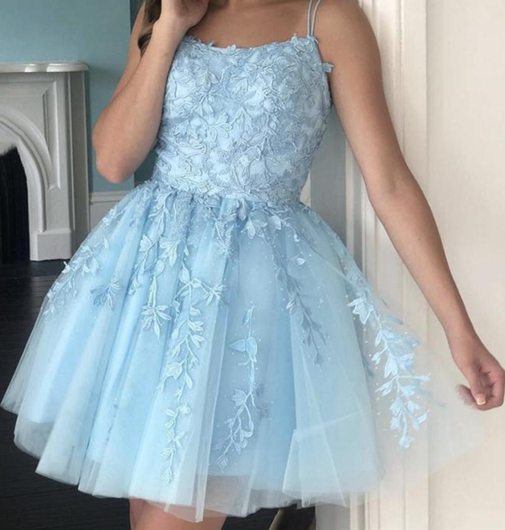 Unthony - Open Back Light Blue Lace Short Homecoming Prom Dress