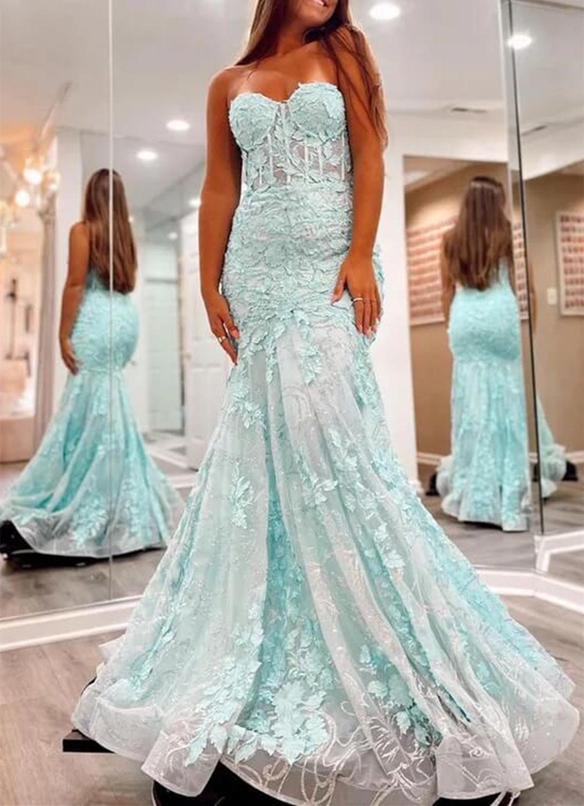 Unthony - Strapless Mermaid Green Lace Long Prom Dress