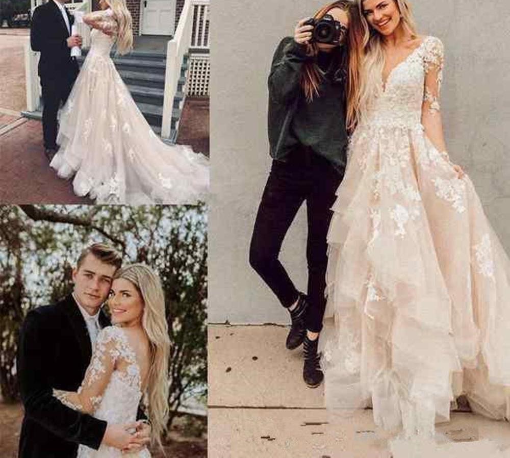 Unthony - High Low Long Sleeves Champagne Lace Prom Wedding Dress