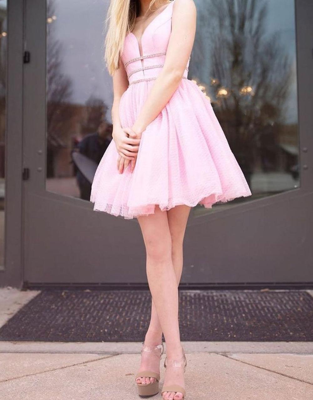 Unthony - Cute V Neck Pink Short Prom Dress with Belt