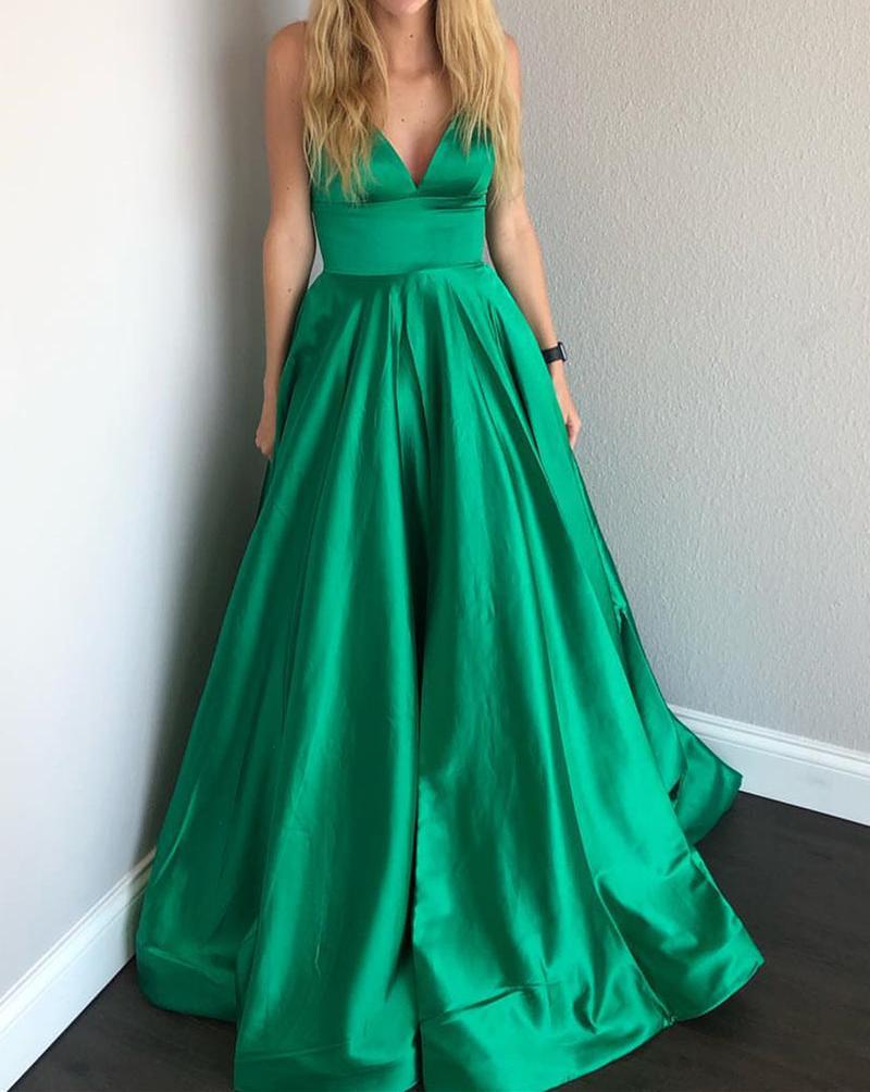 Unthony - Simple V Neck Backless Satin Green Long Prom Dresses