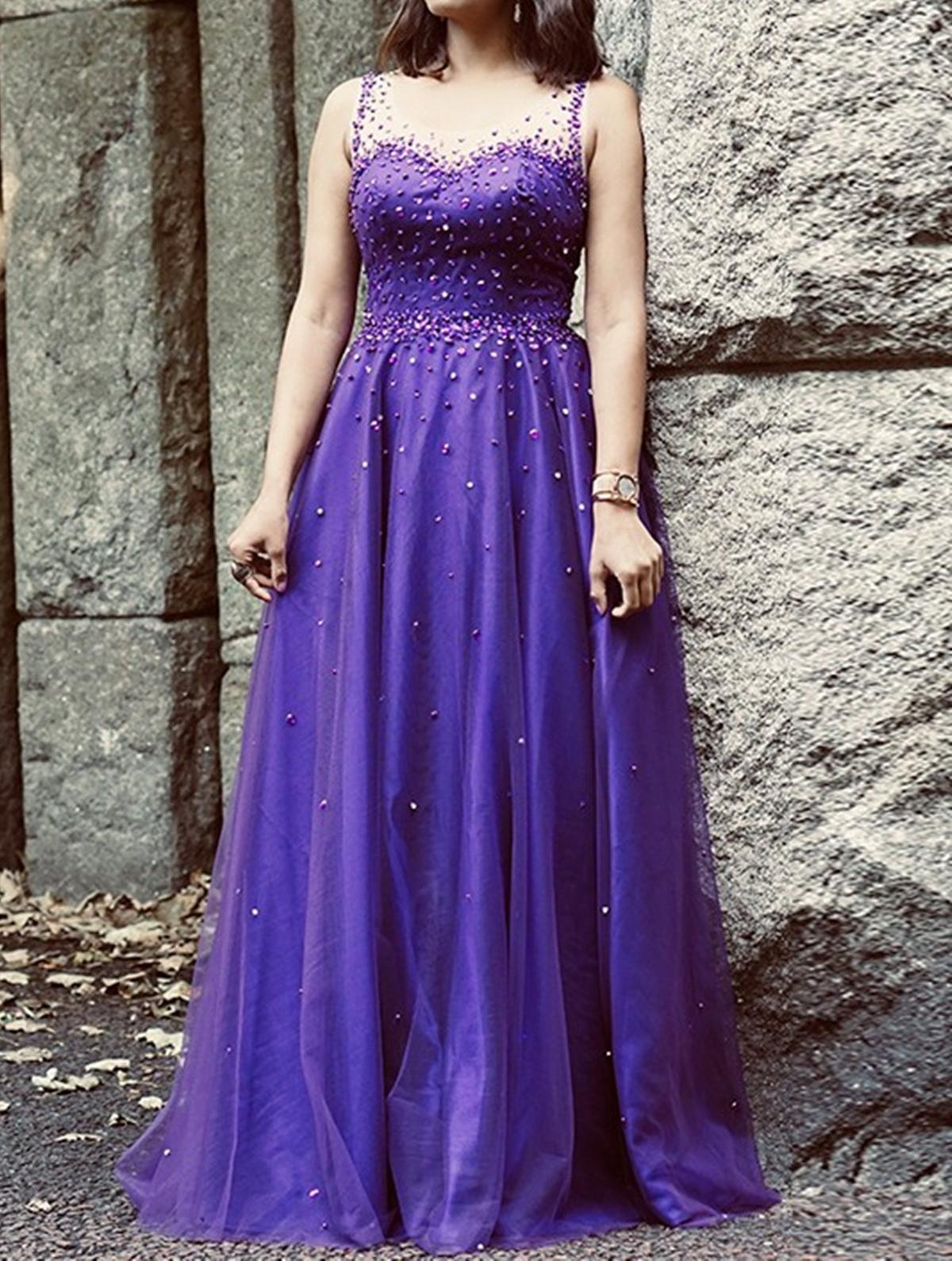 Unthony - Round Neck Purple Tulle Beaded Long Prom Dresses