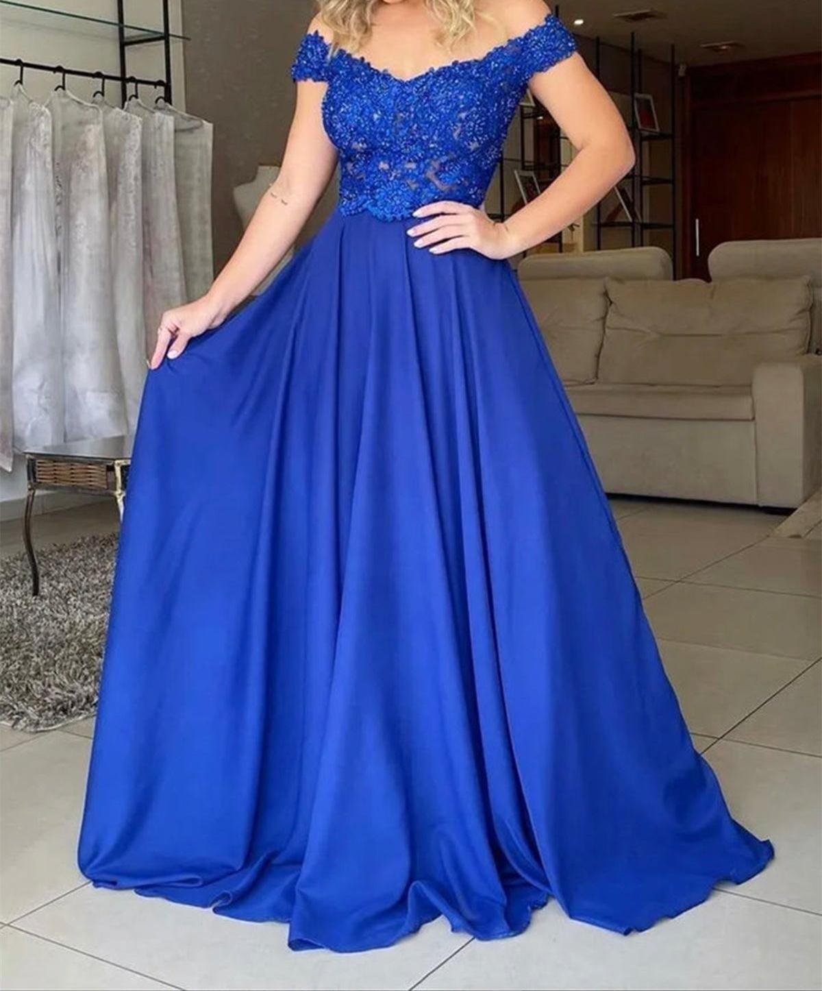 Unthony - Off Shoulder Blue/Pink/Green/Burgundy Lace Top Long Prom Dress
