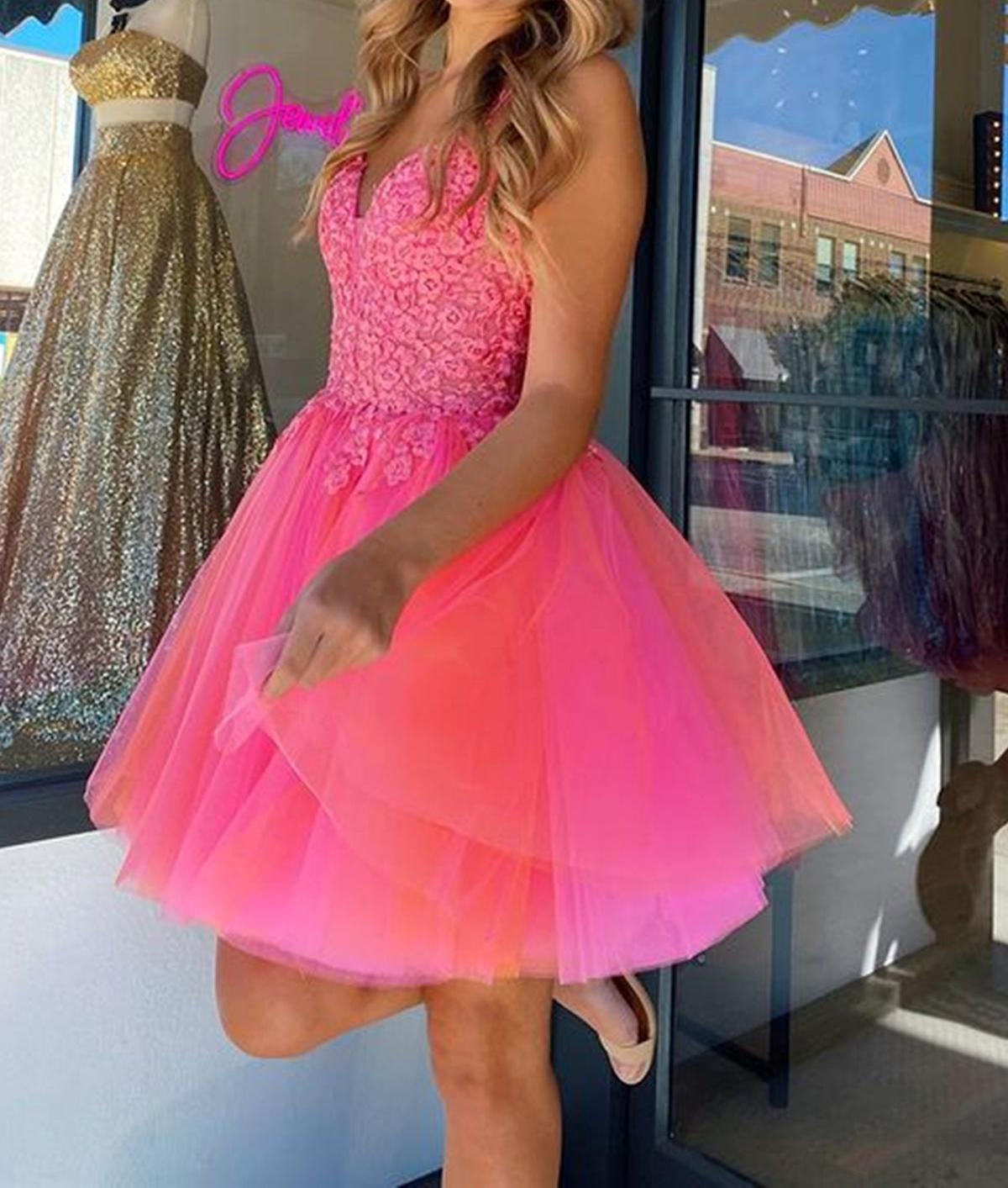 Unthony - Open Back V Neck Hot Pink Lace Prom Dress