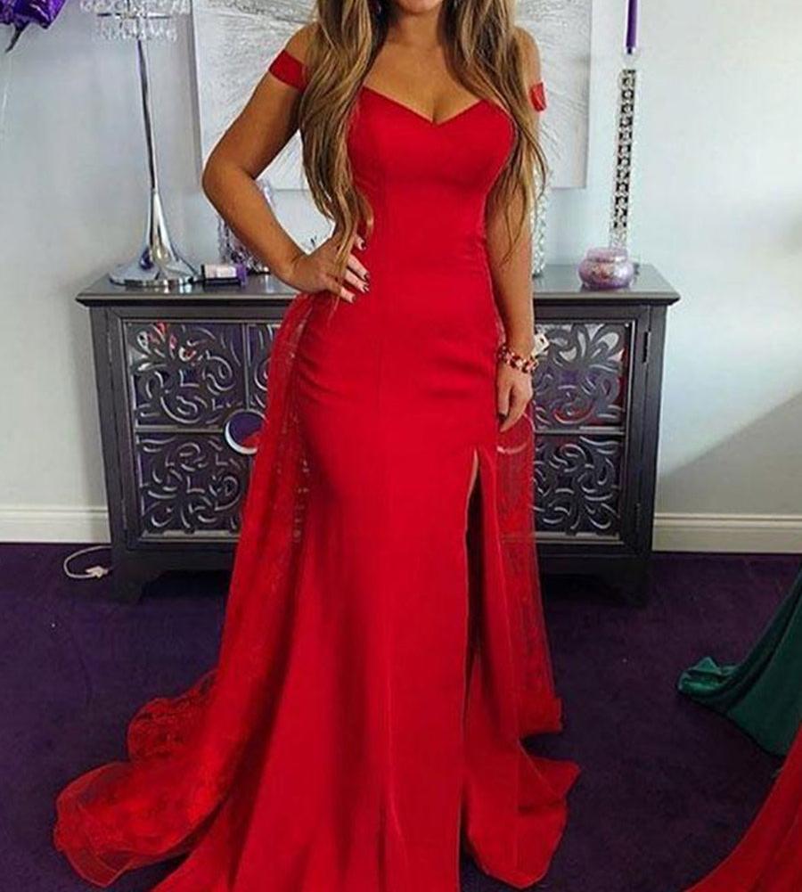 Unthony - Red Off Shoulder Mermaid Lace Long Prom Dresses with Slit