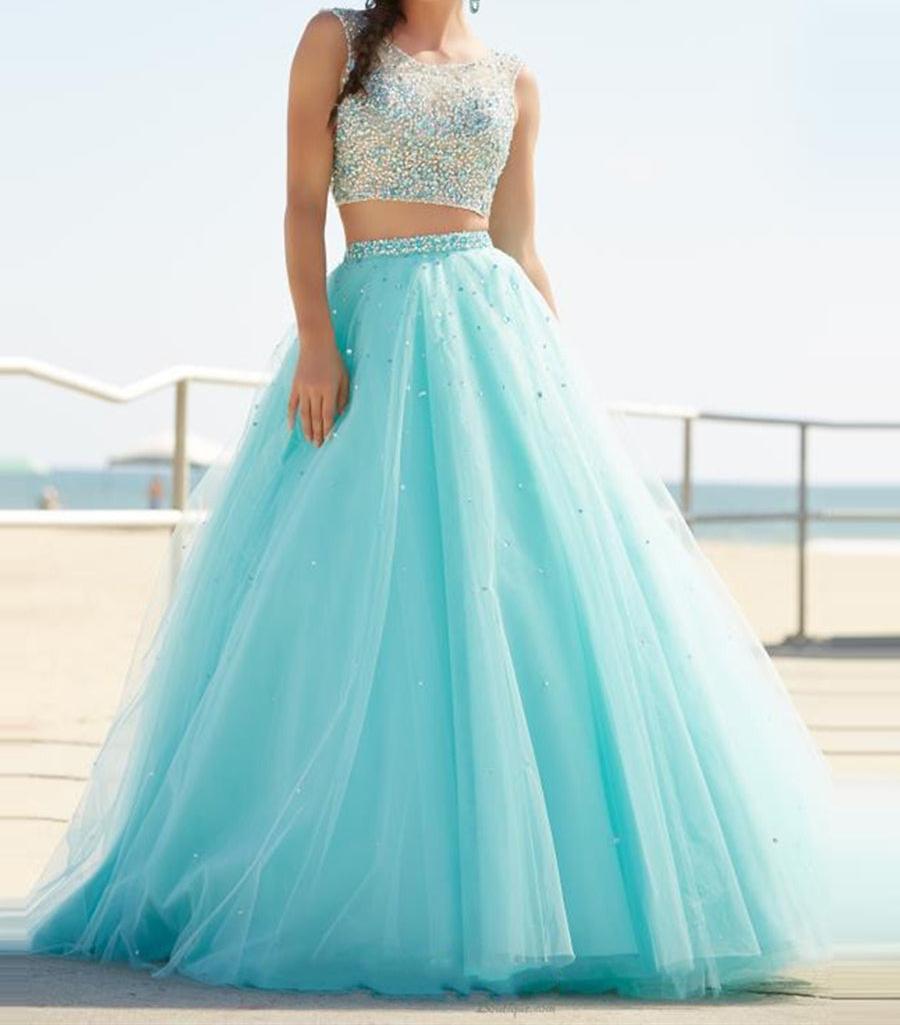 Unthony - Sparkly A Line Round Neck Two Pieces Beading Mint Green Prom Dresses
