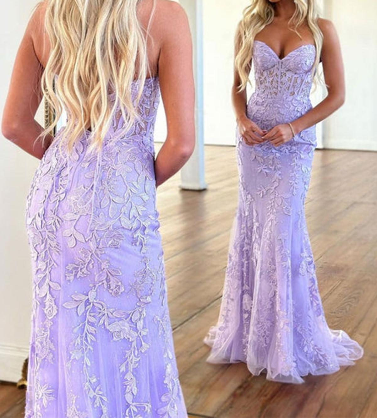 Unthony - Mermaid Strapless Purple Lace Long Prom Dress