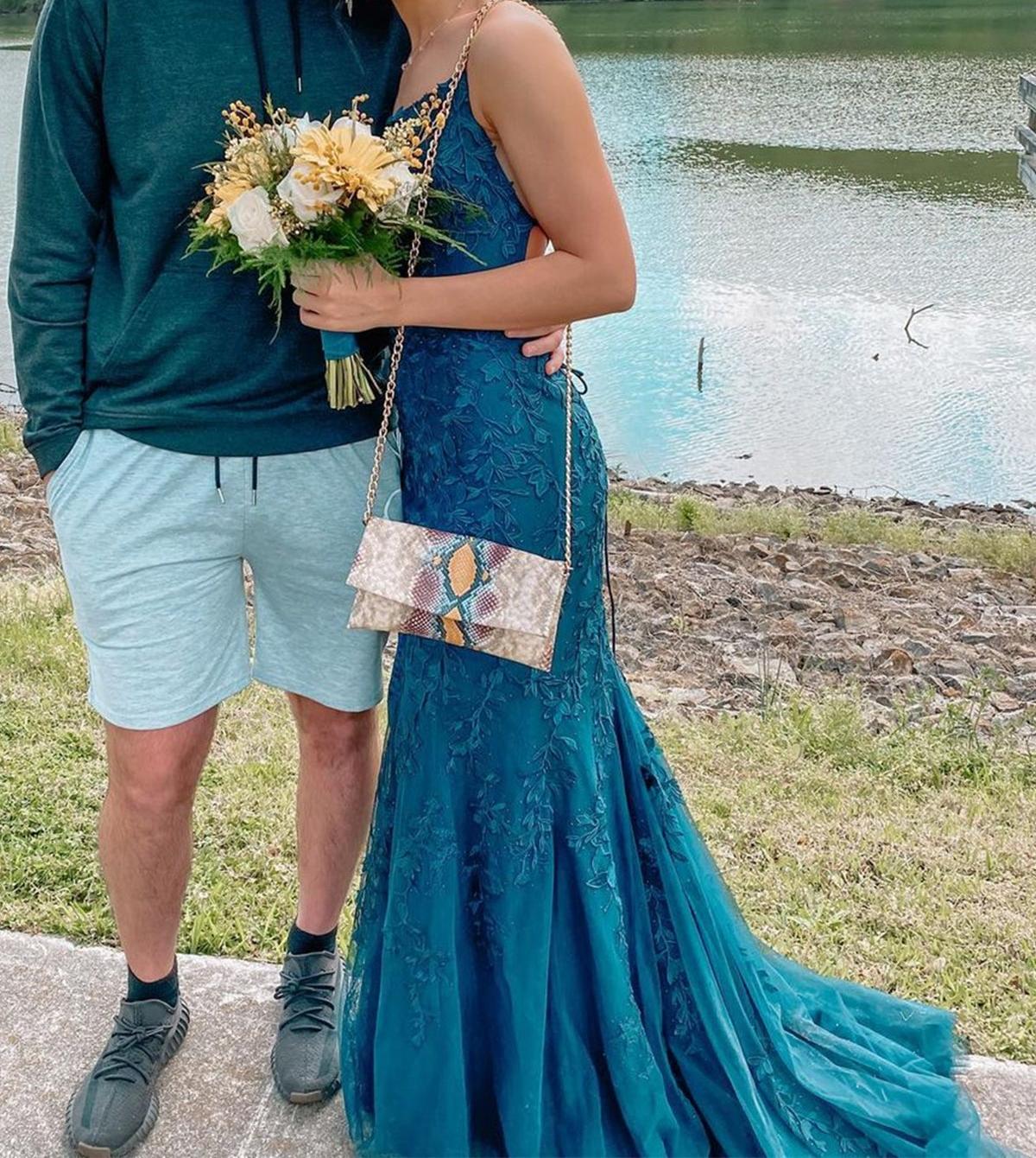 Unthony - Mermaid Backless Teal Lace Long Prom Dress