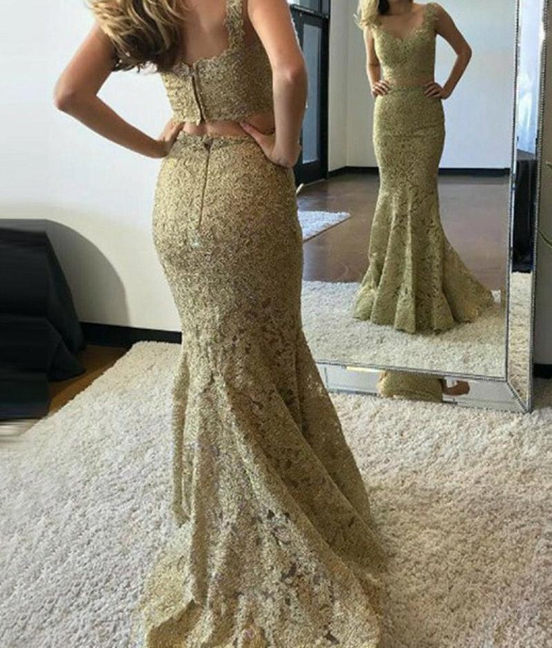 Unthony - V Neck Two Pieces Mermaid Golden Lace Long Prom Dress